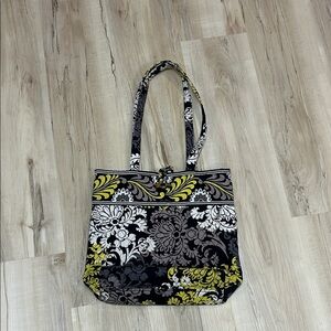 Floral Patterned Tote Bag - Black, White, Yellow